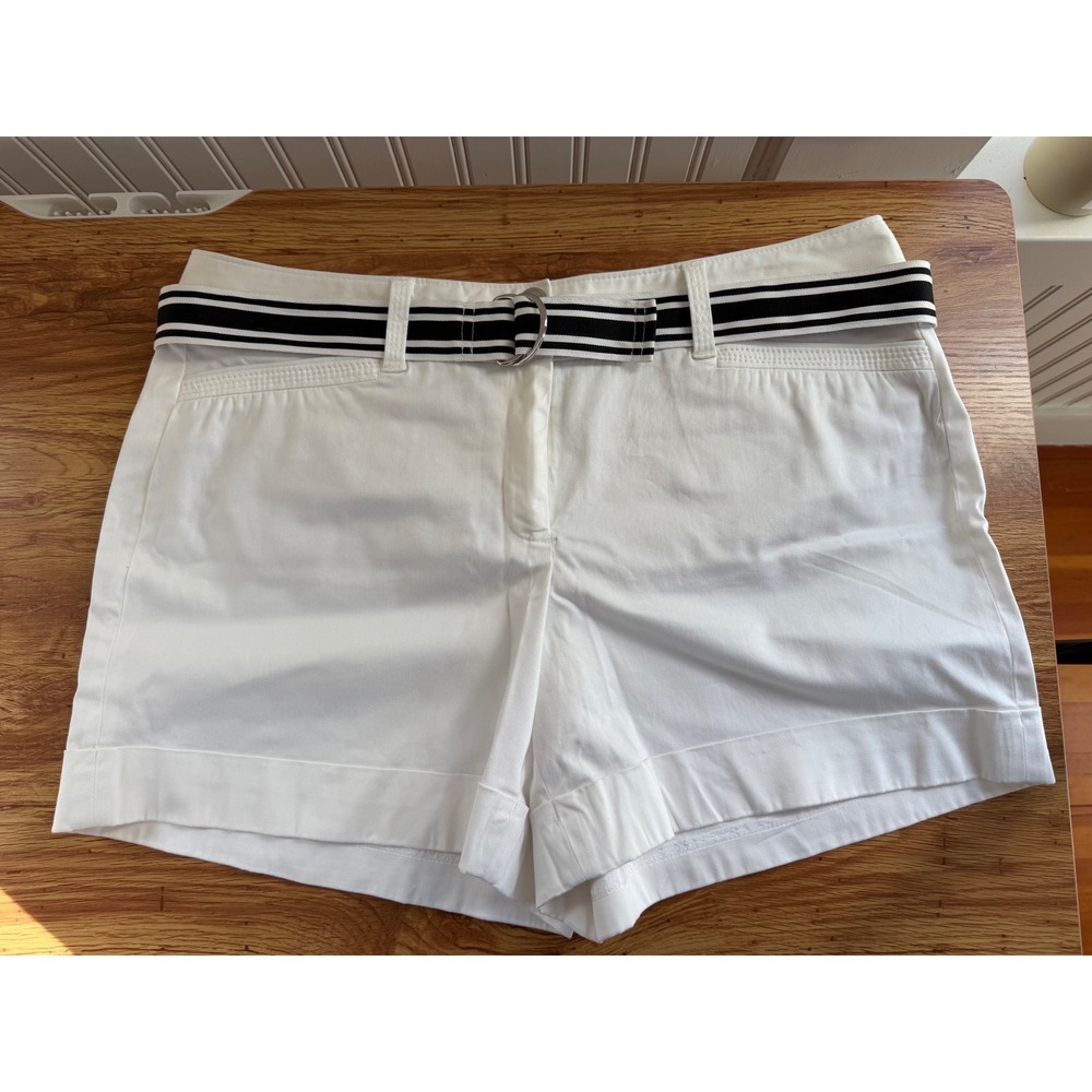 White House Black Market White Cuffed Chino Shorts w Navy Belt Stretch Size 14